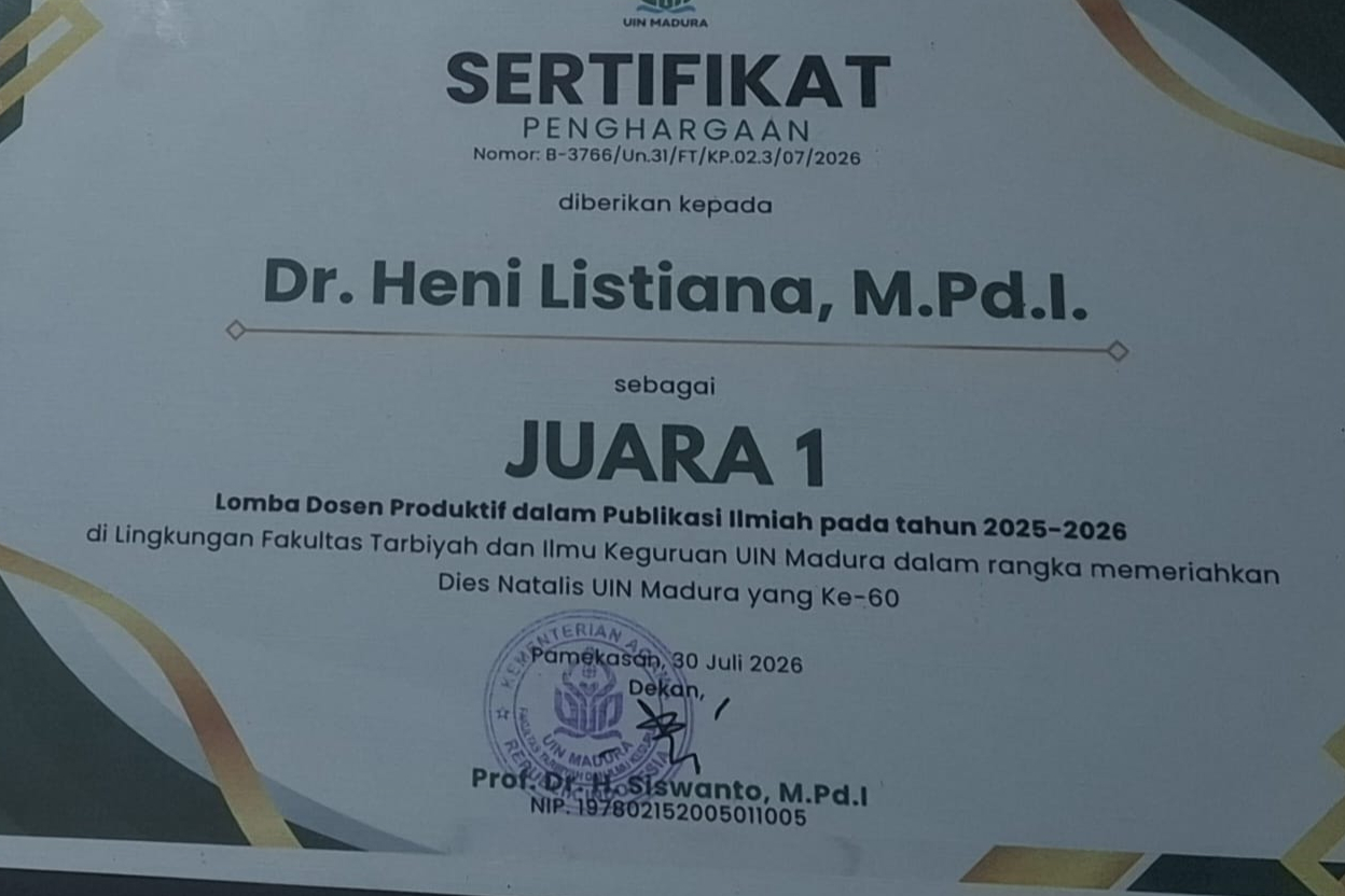 Dosen PGMI UIN Madura Raih Juara I Lomba Dosen Produktif dalam Publikasi Ilmiah