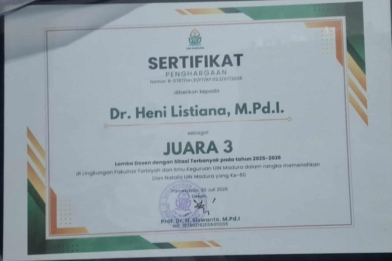Dosen PGMI UIN Madura Raih Juara III Lomba Dosen dengan Sitasi Terbanyak